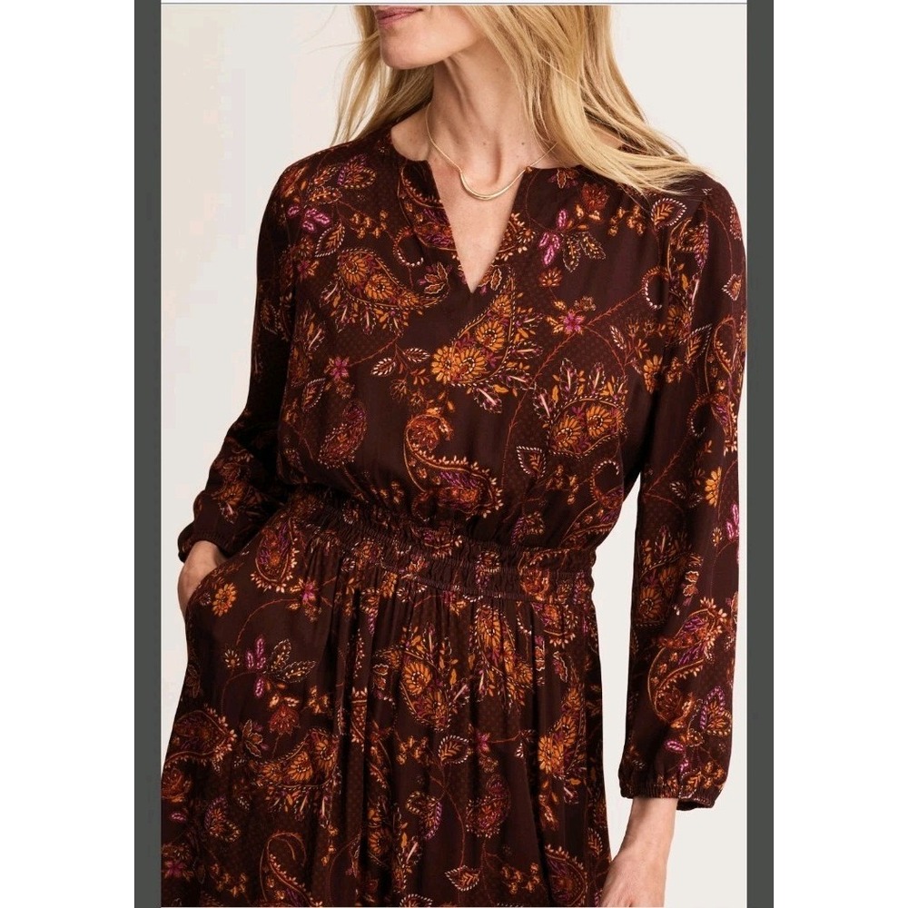 J. Jill Brown Floral Paisley Smocked Waist Boho Modest Cottage Midi Dress Size M - Picture 2 of 13